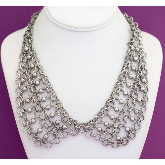 Vintage Silver Tone Sphere Rings Links Bib Necklace 18 inch - V7 - Picture 2 of 3